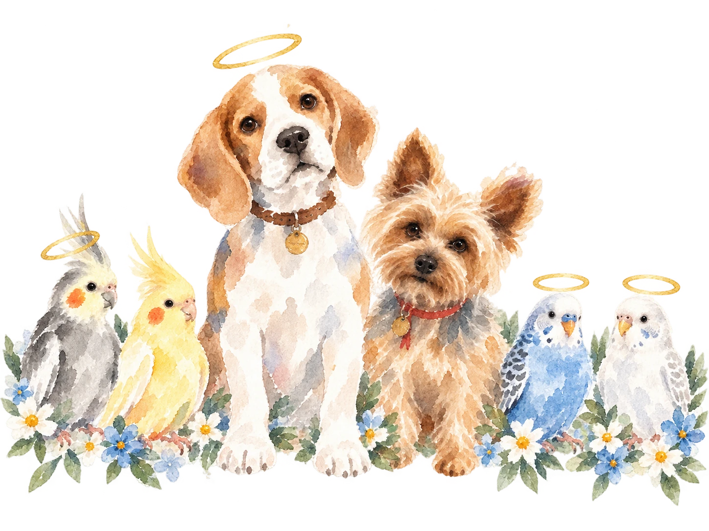 Nuestras mascotas en acuarela: ninfa gris, ninfa amarilla, beagle, yorkshire, periquito azul y periquito blanco