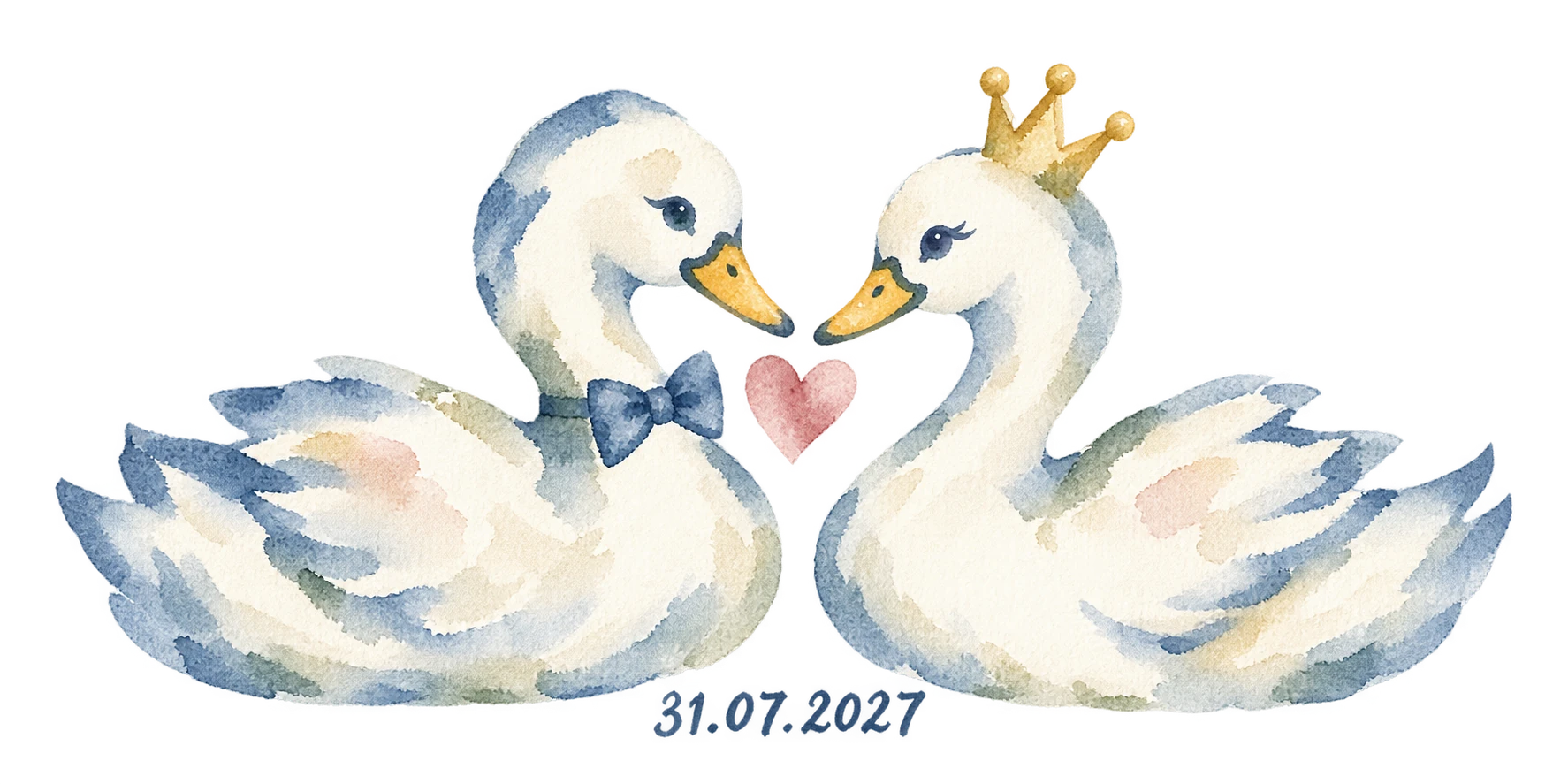 Dos patos de acuarela con pajarita y corona, un corazón entre ambos y fecha 31.07.2027